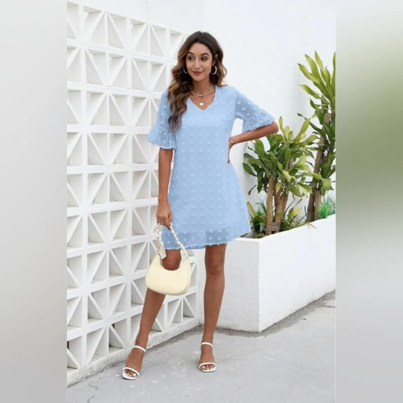 Grace Karin Belle Sleeves Blue Dotted Sun Dress Size Small - Picture 1 of 12